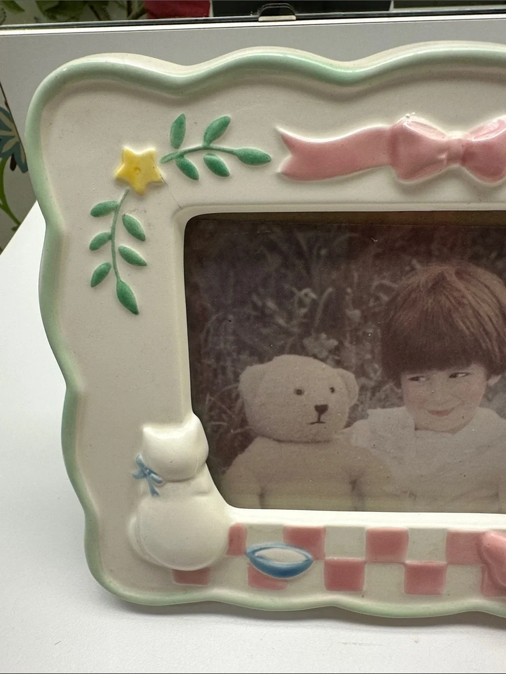 Vintage Ceramic Pink and White Bunny Picture Frame